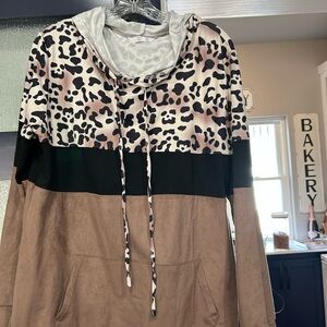 SHEIN Leopard Print Colorblock Hoodie - Black, Brown, White